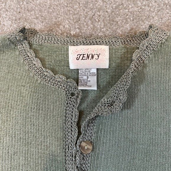 Jenny Vintage Sage Green Beaded Pointelle Cardigan Sweater Scalloped Trim Small - Picture 7 of 10